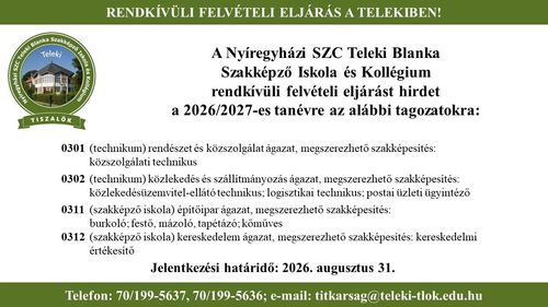 Rendkívüli felvételi eljárás 2026